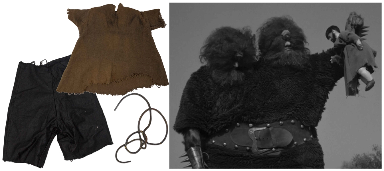 Miniature Costume Screen-Used for Long Shots in Cyclops Sequence in ''The Three Stooges Meet Hercules'' -- With 10'' x 8'' Photo of Moe on Set -- Intentional Distressing to Shirt, Overall Very Good